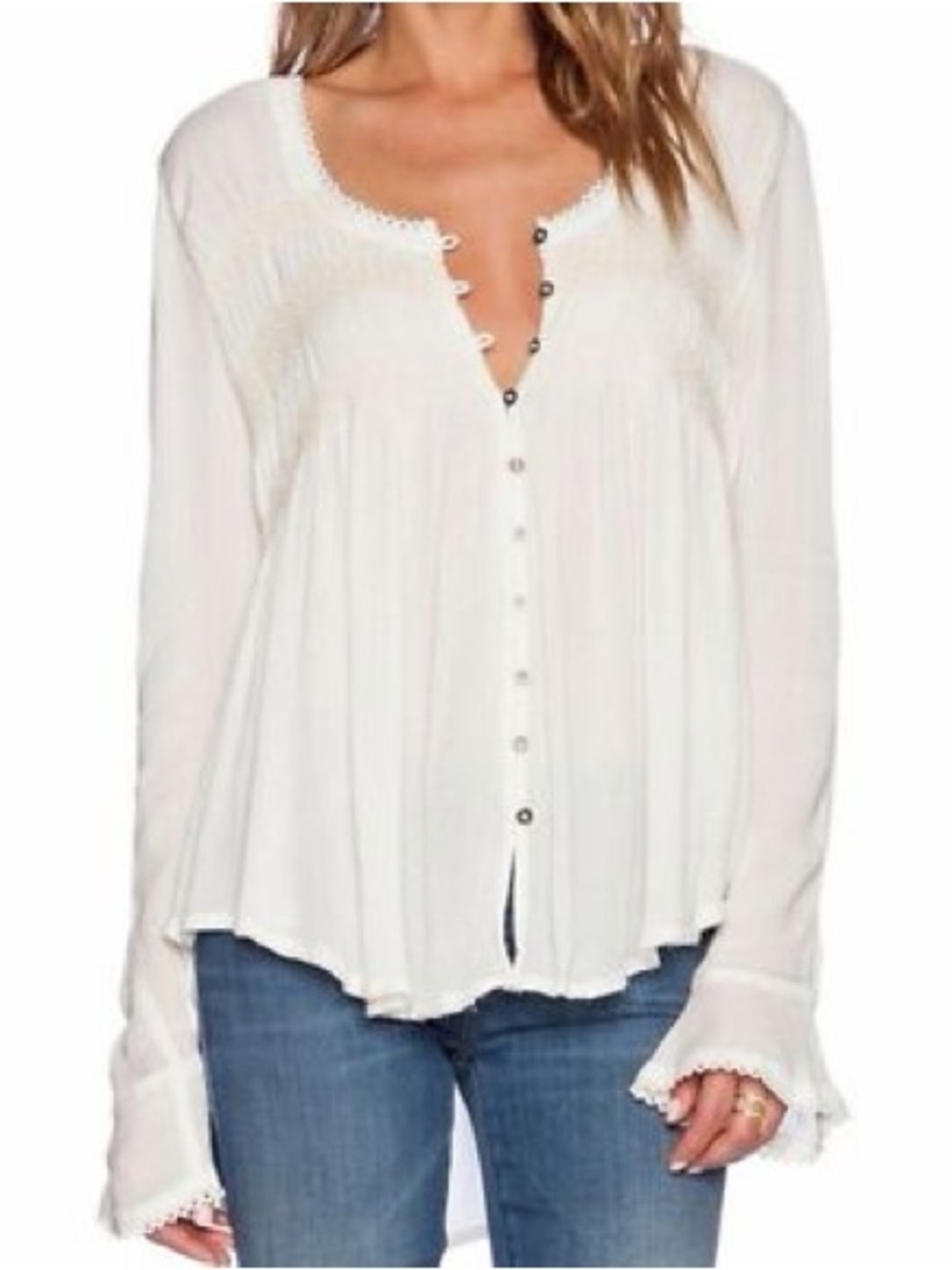 Free People Bluebird Henley Top White Gauze Boho Blouse Size Medium